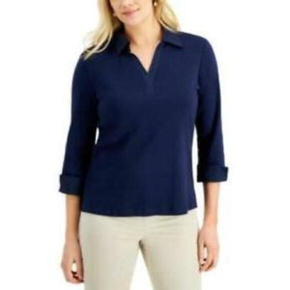 Karen Scott Petite 3/4-Sleeve Clip-Dot-Trimmed Top Intrepid Blue PS - Picture 1 of 1
